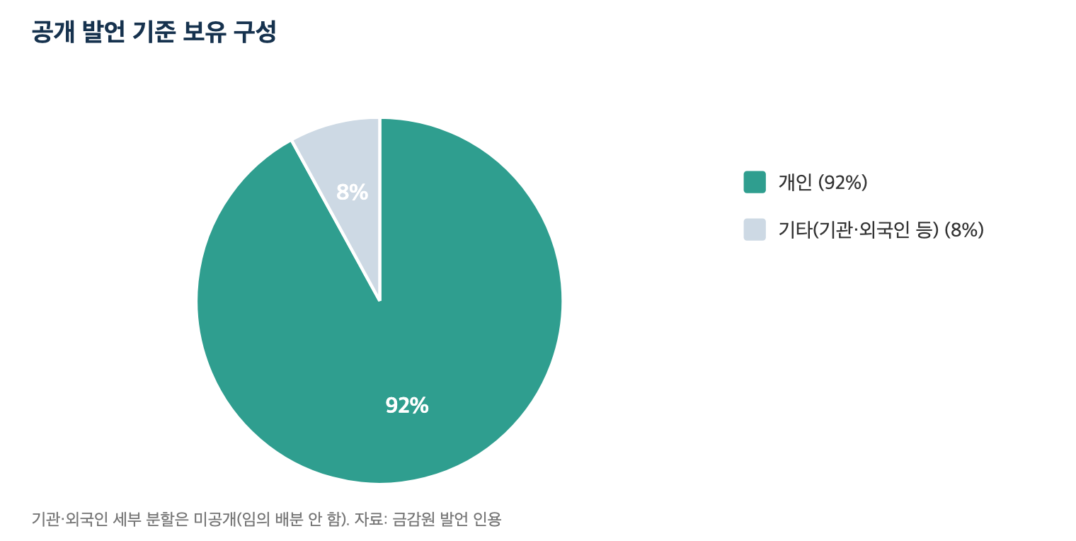 공개 발언 기준 보유 구성: 개인이 대부분 (금감원 발언 인용)